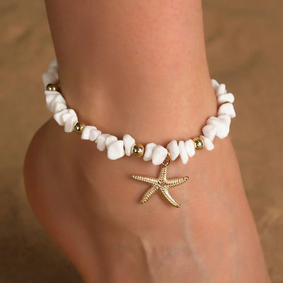 White Turquoise Beaded Chain Starfish Pendant Ankle Summer Bracelet Charm Sandals Barefoot Beach Foot Bridal Jewelry