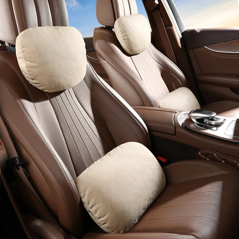 Breathable Suede Car Seat Headrest and Lumbar Pillow Adjustable Height Premium Fabric for Comfort and Stress Relief