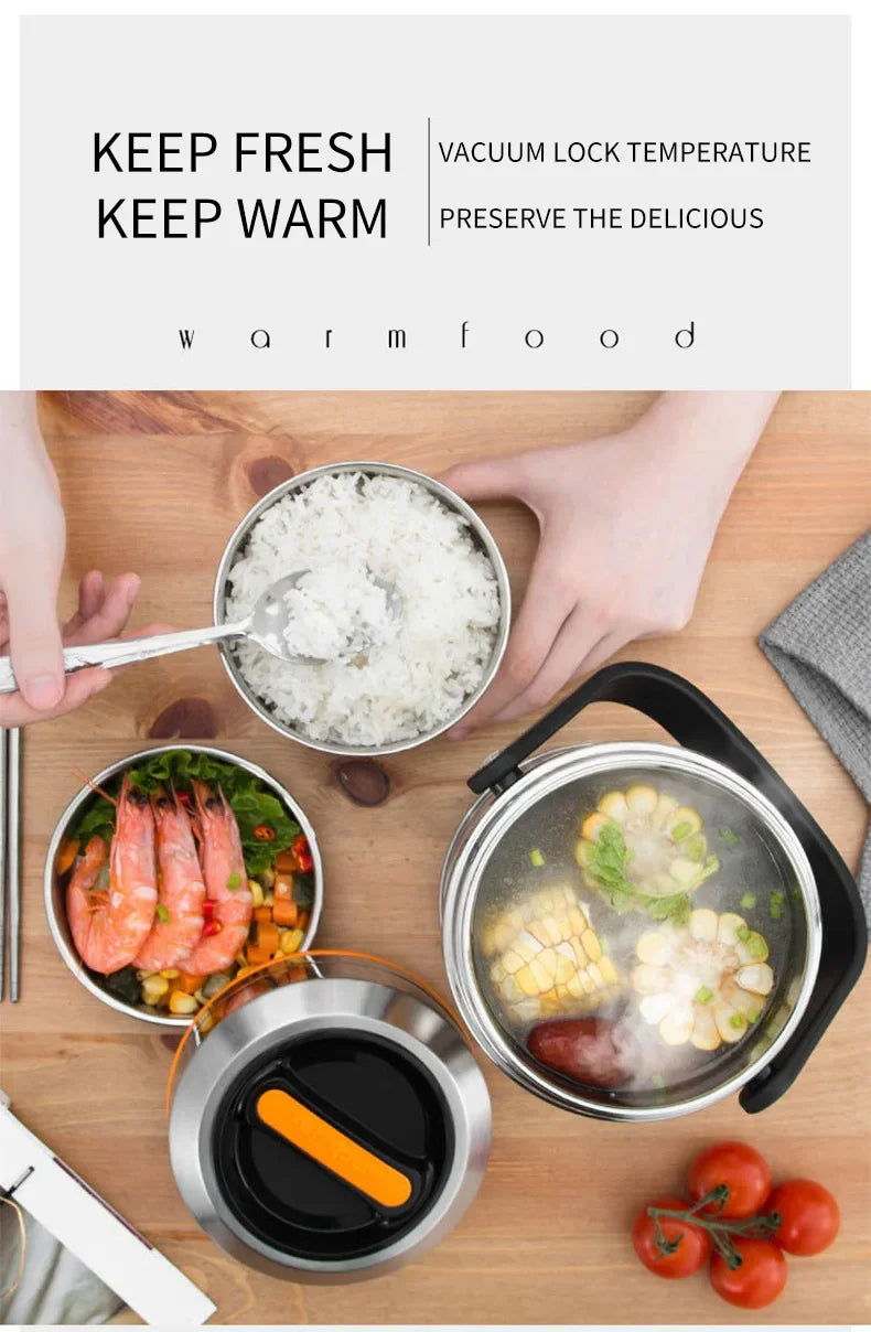 Stainless Steel Vacuum Thermal Lunch Box Large Capacity Multiple Layers Insulated Barrel  Bento Box Carrying Pot