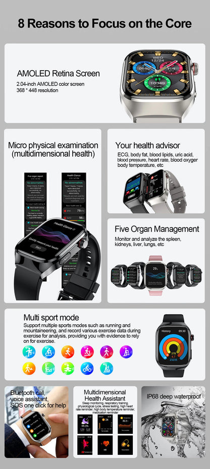 2025 New Smart Watch 2.04-inch AMOLED Screen Bluetooth Call IP68 Waterproof 650mA Sports Smartwatches Men Android Military-Grade