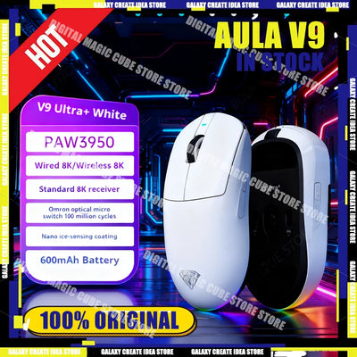 New Aula V9 Ultra Wireless E-sports Gaming Mouse Double 8k 3mode PAW 3950 8k Custom PC Accessory 55g Lightweight Ergonomic Mouse