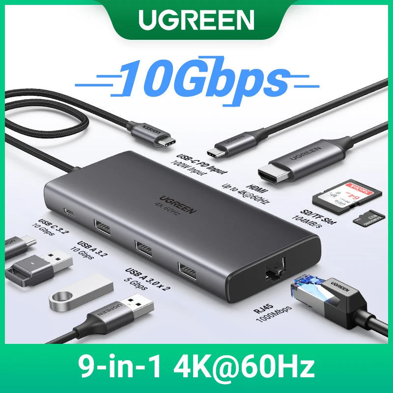 UGREEN 9-in-1 USB HUB Type-C to 4K60Hz HDMI 10Gbps USB C&A 1000Mbps RJ45 PD100W SD&TF for Laptop Accessories MacBook Pro Dell HP