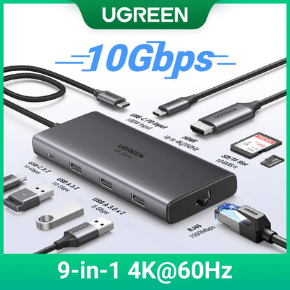 UGREEN 9-in-1 USB HUB Type-C to 4K60Hz HDMI 10Gbps USB C&A 1000Mbps RJ45 PD100W SD&TF for Laptop Accessories MacBook Pro Dell HP