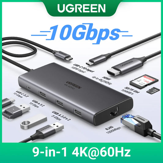 UGREEN 9-in-1 USB HUB Type-C to 4K60Hz HDMI 10Gbps USB C&A 1000Mbps RJ45 PD100W SD&TF for Laptop Accessories MacBook Pro Dell HP