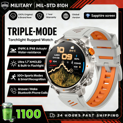 1100mAh Super Capacity Battery Military Outdoor Smart Watch Men 1.7inch Screen Compass Bluetooth Call 3ATM Waterproof SmartWatch