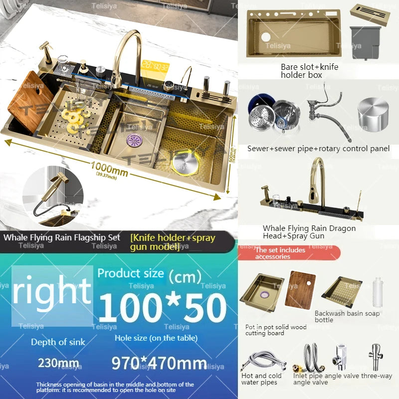 Stainless Steel Kitchen Sink Multifunctional Digital Display Waterfall Large Single Slot With Rack For Knife Wash Dish Basin