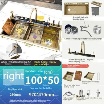 Stainless Steel Kitchen Sink Multifunctional Digital Display Waterfall Large Single Slot With Rack For Knife Wash Dish Basin