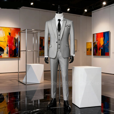 Elegant Black Grey Men's Business 3-Piece Suit Slim Fit Wedding Jacket Vest Finesse Adjustable Ternos for Masculine Fashion