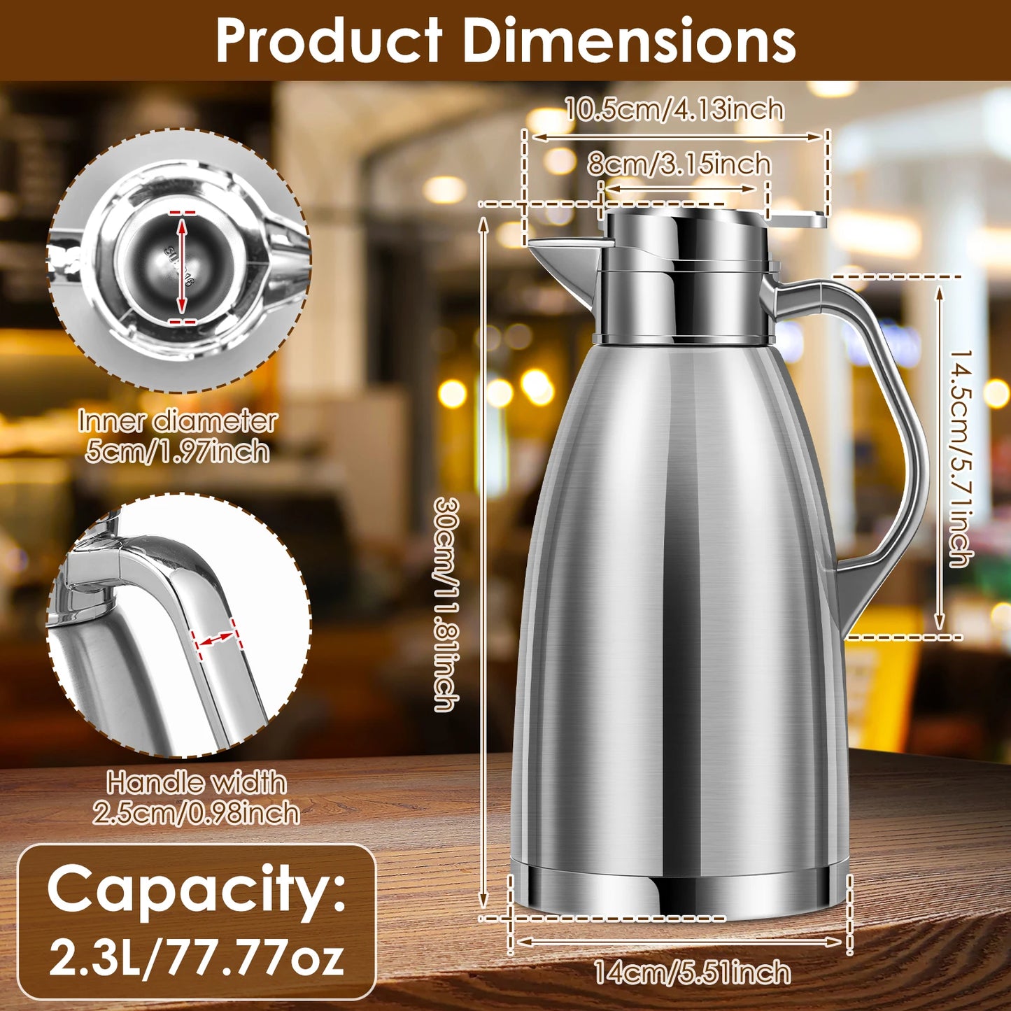 2.3L Double Wall Insulated Jug Stainless Steel Vacuum Flasks Office Hot Coffee Thermos Insulation Kettle Hot Water Thermos Pot