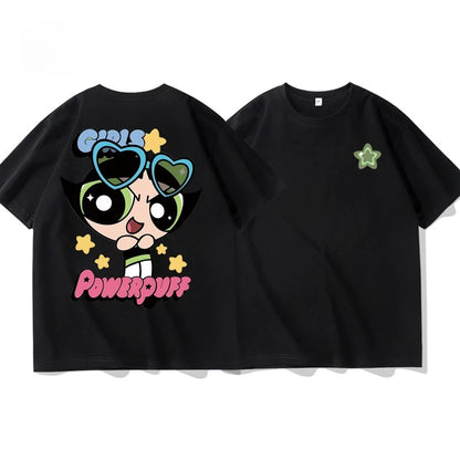 The Powerpuff Girls Collaboration Short-sleeved T-shirt for Men Women Casual Loose Pure Cotton Short Sleeve Versatile Sports Top