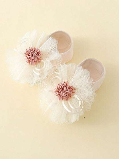 2 Pieces/Set of Toddler Embroidered Flowers Elastic Headband and Non-Slip Cotton Socks, 0-12 Months Baby Girls Socks Hairband Set