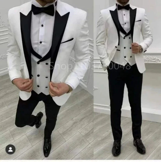 3 Pcs White Men Business Suits Wedding Suit Peak Lapel One Button Blazer Groom Tuxedos Set Dress Jacket Vest Trousers