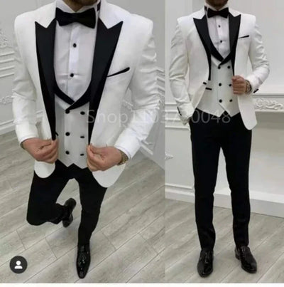 3 Pcs White Men Business Suits Wedding Suit Peak Lapel One Button Blazer Groom Tuxedos Set Dress Jacket Vest Trousers