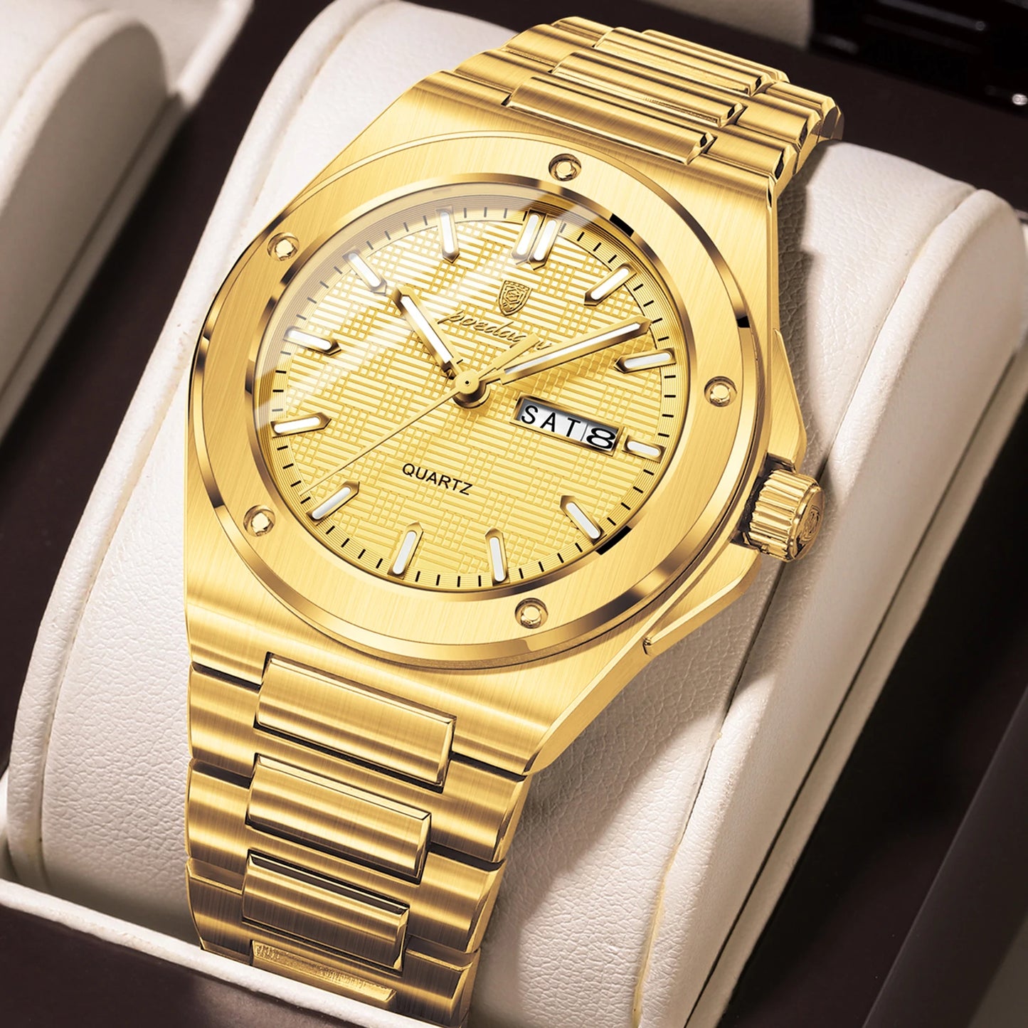 POEDAGAR High Quality Men Clock Date Week Waterproof Fashion Watch For Man Stainless Steel Luxury Men's Quartz Watches Reloj+Box