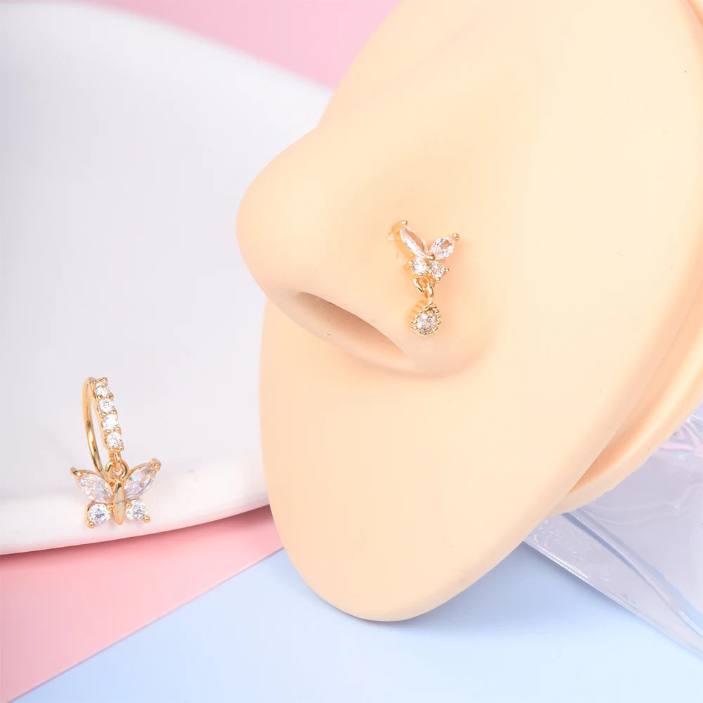 2Pcs Butterfly Pendant Dangle Nose Studs Ring Stainless Steel Zircon Indian Nose Piercing Rings Earrings Valentine Jewelry Gift
