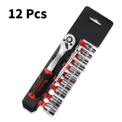 12pcs 1/4 Inch Ratchet Socket Wrench Set With 10 Sockets 2 Way New Quick Released 72 Tooth Ratchet Handle And Extension Bar