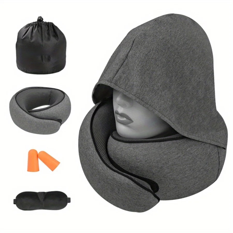 1pc Home Office U-Shape Hooded Neck Pillow for Travel Car Airplane Nap Outdoor, Comfortable Support Pillow with Detachable Cover