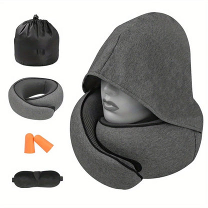 1pc Home Office U-Shape Hooded Neck Pillow for Travel Car Airplane Nap Outdoor, Comfortable Support Pillow with Detachable Cover