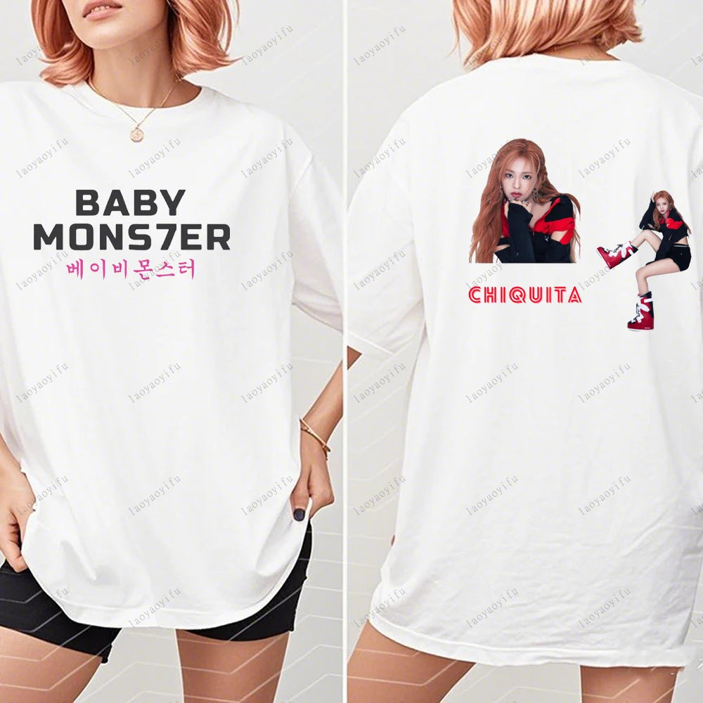 BABYMONSTER Kpop Band T-shirt Korean Fashion Summer Double Sided Tee Short Sleeve Cotton Comfortable Tshirts Women/Men Clothes