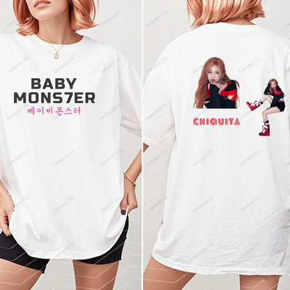 BABYMONSTER Kpop Band T-shirt Korean Fashion Summer Double Sided Tee Short Sleeve Cotton Comfortable Tshirts Women/Men Clothes