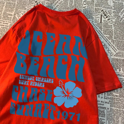 Ocean Beach Chase Sunset 1971 Loose Men Women Tshirts Pattern Tee Clothes Summer T Shirts Harajuku Loose Cotton Couple T-Shirt