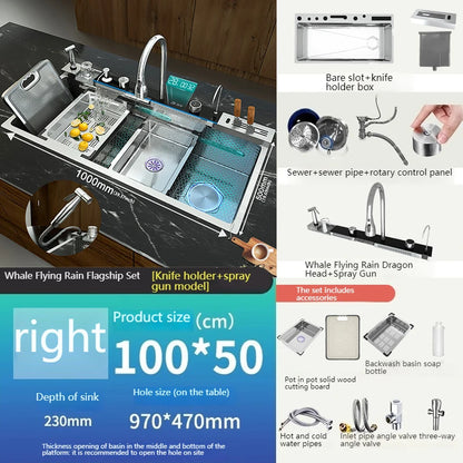 Stainless Steel Kitchen Sink Multifunctional Digital Display Waterfall Large Single Slot With Rack For Knife Wash Dish Basin