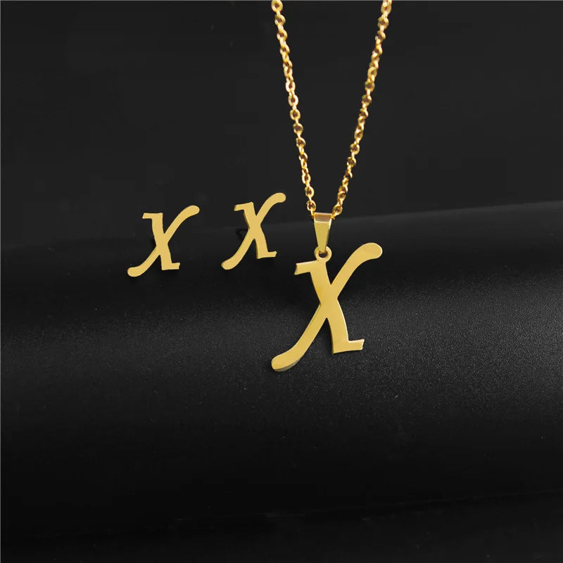 A-Z 26 Stainless Steel Initial Necklace and Earring Jewelry Set Letter Pendant Chain Alphabet Mom Christmas Gift