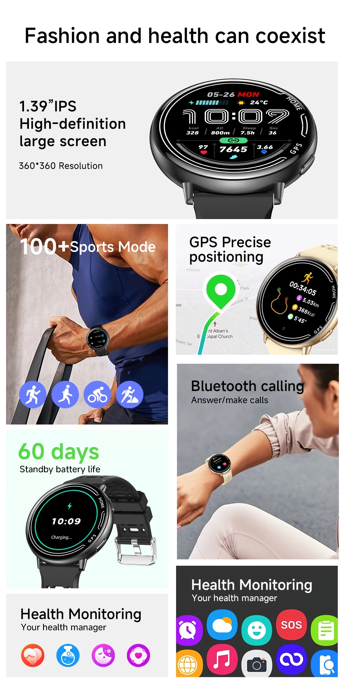 Smart Watch for Men Women Built-in GPS Fitness Watch with BT Calls 100+ Sport Modes IP68 Waterproof Smartwatch for Android iOS