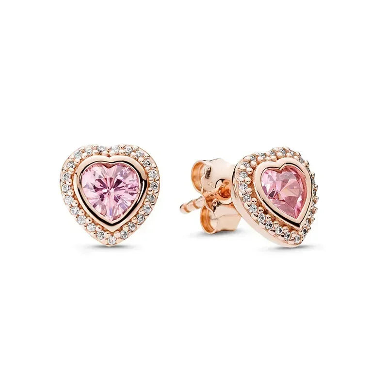 New 925 sterling silver heart-shaped earrings, rings, necklaces, pink red rainbow luxury set, sparkling charm jewelry,  gifts