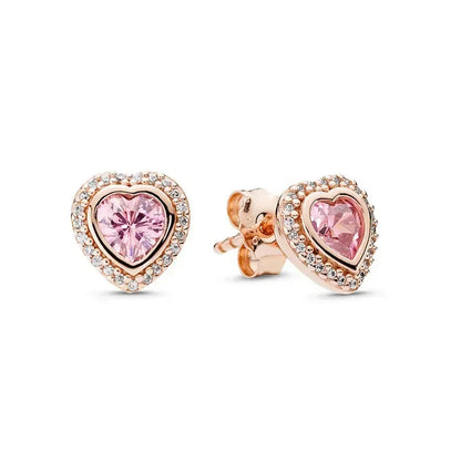 New 925 sterling silver heart-shaped earrings, rings, necklaces, pink red rainbow luxury set, sparkling charm jewelry,  gifts