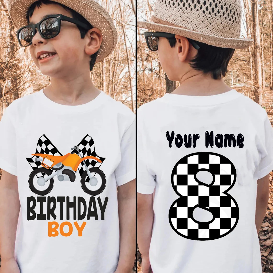 Personalized Name Boys Tshirt Motorcycle Birthday Tshirt1-9year Kids Tshirt Birthday Party Gift Fron/ Back Print Patterns Tshirt