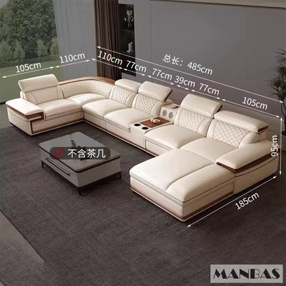 MINGDIBAO Premium Italian Genuine Leather Sofa Set for Living Room with Adjustable Headrests, Bluetooth Speaker, Wireless Charge