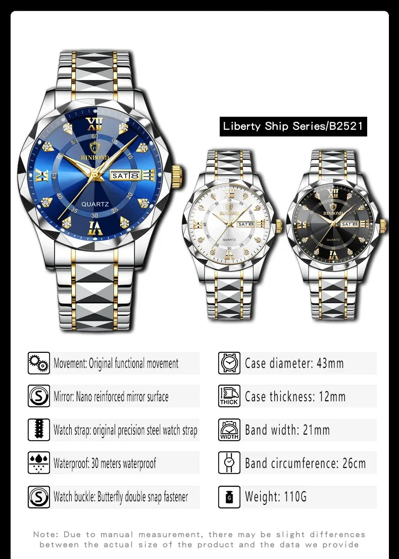 Binbang B2521 Men's Watch Waterproof Night Glow Double Calendar Watch Men's Business Quartz Watch Diamond Pointed Glass