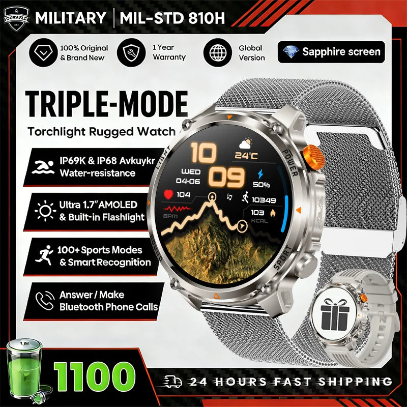 1100mAh Super Capacity Battery Military Outdoor Smart Watch Men 1.7inch Screen Compass Bluetooth Call 3ATM Waterproof SmartWatch