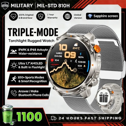 1100mAh Super Capacity Battery Military Outdoor Smart Watch Men 1.7inch Screen Compass Bluetooth Call 3ATM Waterproof SmartWatch