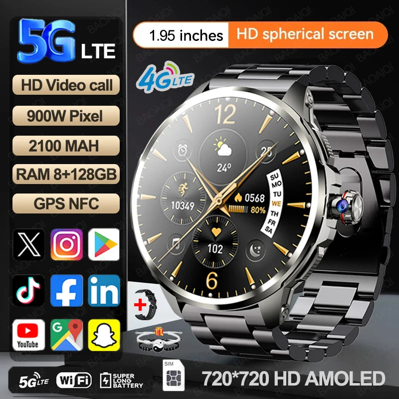 5G/4G Smart Watch 720*720 AMOLED 1.95 inch HD 900W Camera 8GB+128GB RAM 1990mAh Clock GPS WIFI Google APP Smartwatch Android 9.0