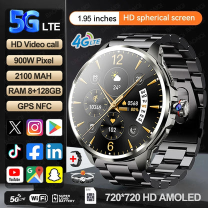 5G/4G Smart Watch 720*720 AMOLED 1.95 inch HD 900W Camera 8GB+128GB RAM 1990mAh Clock GPS WIFI Google APP Smartwatch Android 9.0