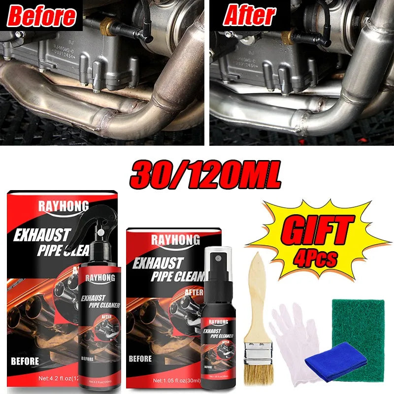 Rayhong 120ml Exhaust Cleaner Spray - Fast-Acting Rust Remover & Shine Restorer for Car, Motorcycle, RV, ATV - with Gloves