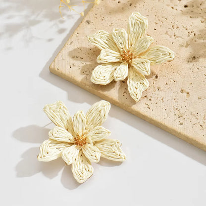 Boho Handmade Delicate Raffia Flower Earrings for Women Trendy Irregular Floral Summer Beach Jewelry Gift