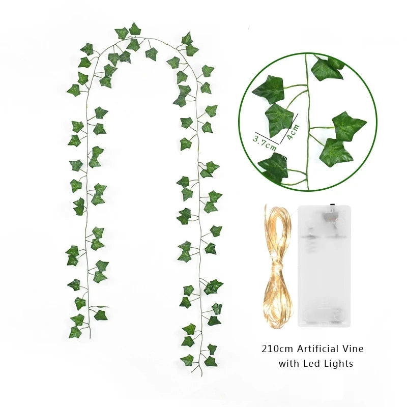 2 Meters LED light string Artificial Green Vine Home christmas  Wedding Bridal garden Hanging green plants party DIY Decoration