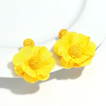 Summer Colorful Lafite Chiffon Flower Earrings for Women Boho Handwoven 3D Flower Fabric Drop Earring Beach Party Jewelry Gifts