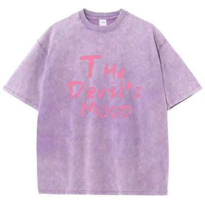 Fashion Womans Cotton Washed T-shirts The Devil's Moon Letter Prints Tops Casual O-Neck Oversize Tees Street Female Clothes