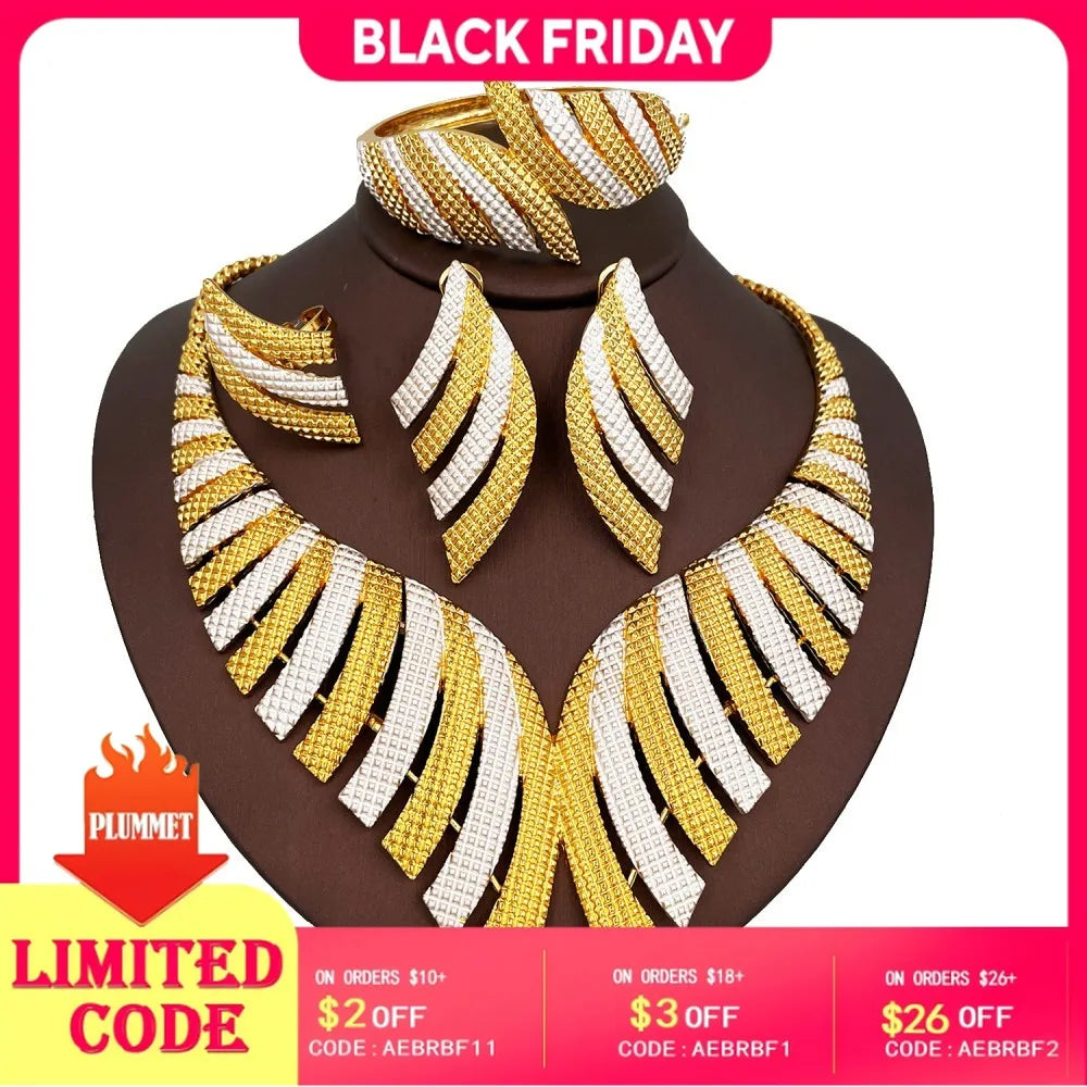 Luxury Two Tone Big Jewelry Set Gold Plated Necklace Bracelet Large Earring Ring For Women Bridal Africal Wedding Gift 2025 New