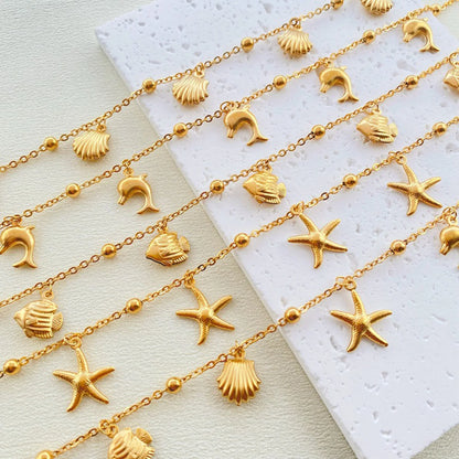 New Stainless Steel Link Cable Chain Anklet Gold Color Marine Animal Dolphin.Starfish For Women Beach 21cm(8 2/8") Long, 1 Piece