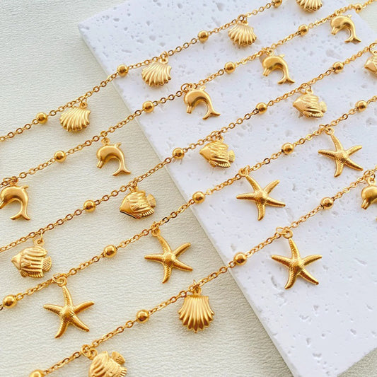 New Stainless Steel Link Cable Chain Anklet Gold Color Marine Animal Dolphin.Starfish For Women Beach 21cm(8 2/8") Long, 1 Piece