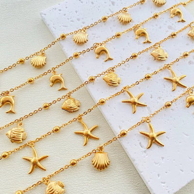 New Stainless Steel Link Cable Chain Anklet Gold Color Marine Animal Dolphin.Starfish For Women Beach 21cm(8 2/8