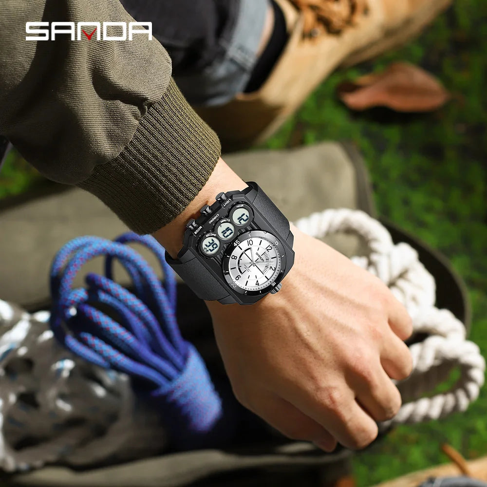 SANDA Fashion Electronic Watch Outdoor Sports Multi functional Waterproof Night Light Dual Display Men's Electronic Watch 6237