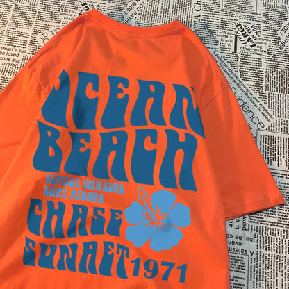 Ocean Beach Chase Sunset 1971 Loose Men Women Tshirts Pattern Tee Clothes Summer T Shirts Harajuku Loose Cotton Couple T-Shirt