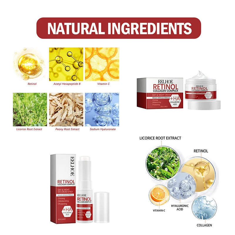 Retinol Collagen Remove Wrinkle Face Set Firming Lifting Anti-aging Serum Fade Fine Lines Eye Stick Improve Puffiness Skin Care