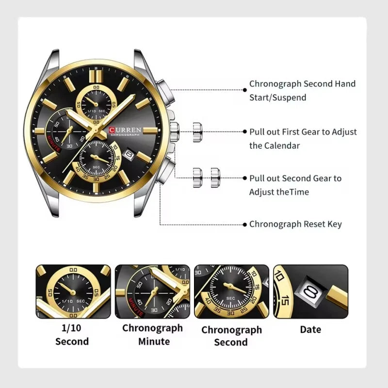 CURREN 8475 New Fashion Men's Quartz Watch Business Calendar Watch 6-Hand Stainless Steel Strap Quartz Watch